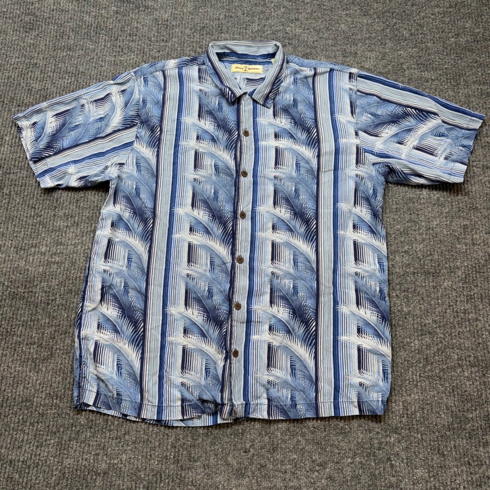 Tommy Bahama L Blue Silk Hawaiian‎ Shirt Floral Camp Aloha 90s Resort